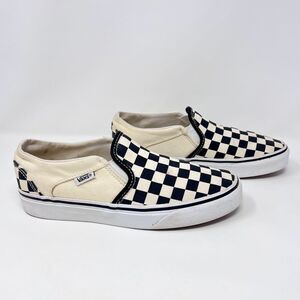 Vans Classic Checkerboard Off-White and Black Canvas Slip-On Sneakers Women’s 6